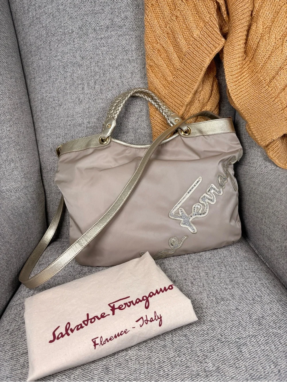 Salvatore Ferragamo Beige Nylon Shoulder Bag with Metallic Gold Trim